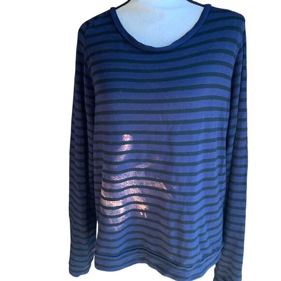 Majestic Filatures French Touch L/S T-Shirt Splatter Design Striped Blue Black L - Picture 1 of 8